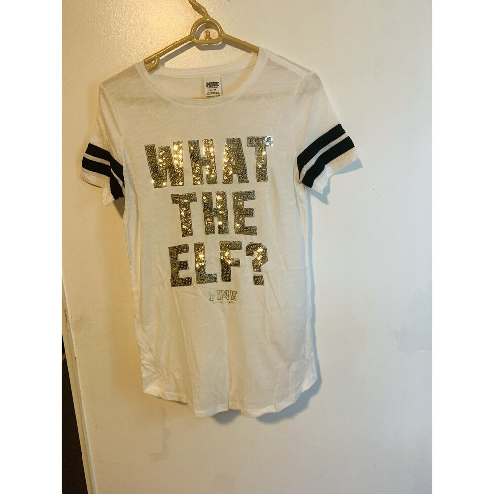 VICTORIAS SECRET PINK BLING SEQUIN "WHAT THE ELF" Holiday T-Shirt  NEW Medium